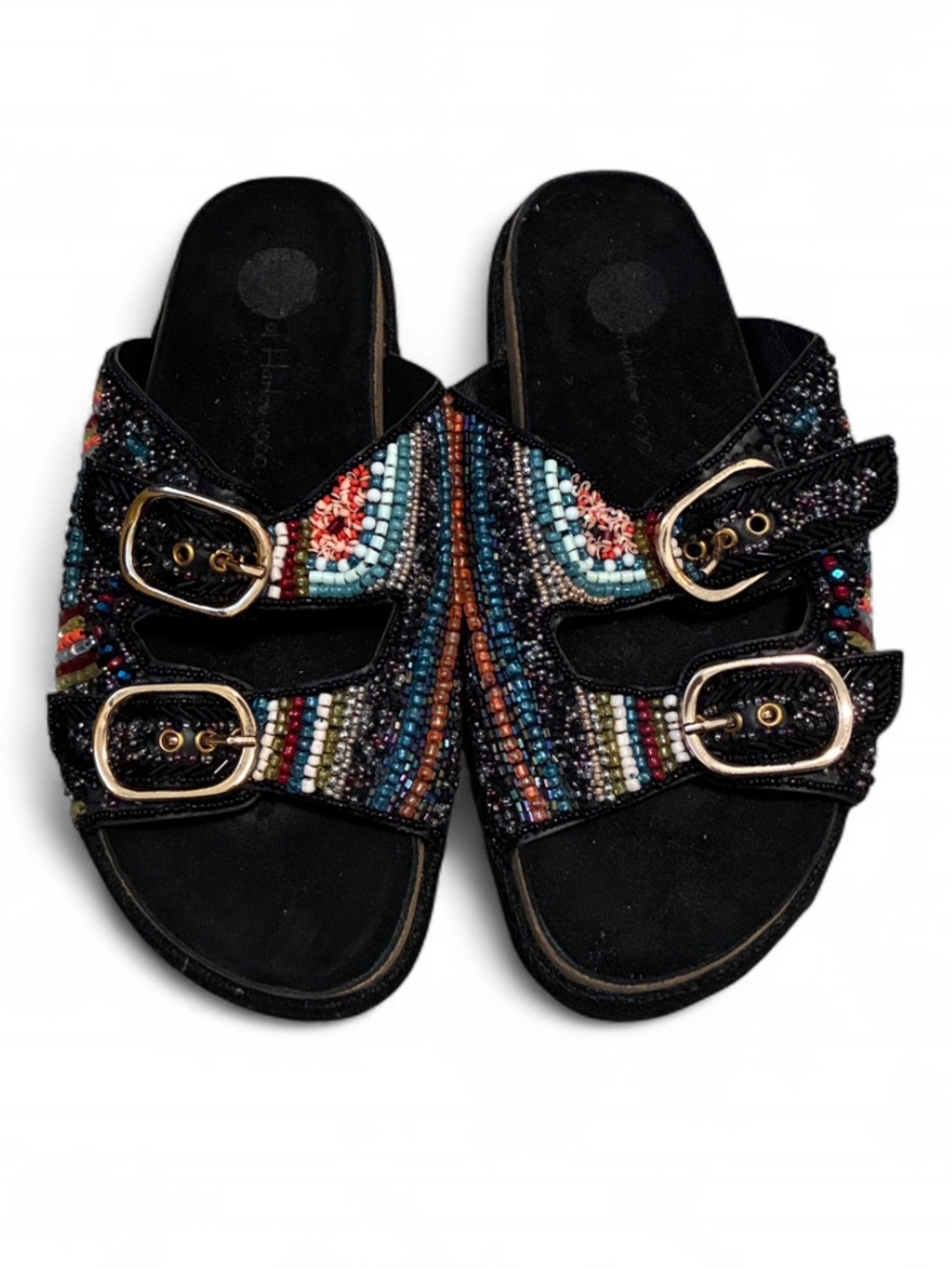 Harlow Black Multicolor Beaded Double-Buckle Slides
